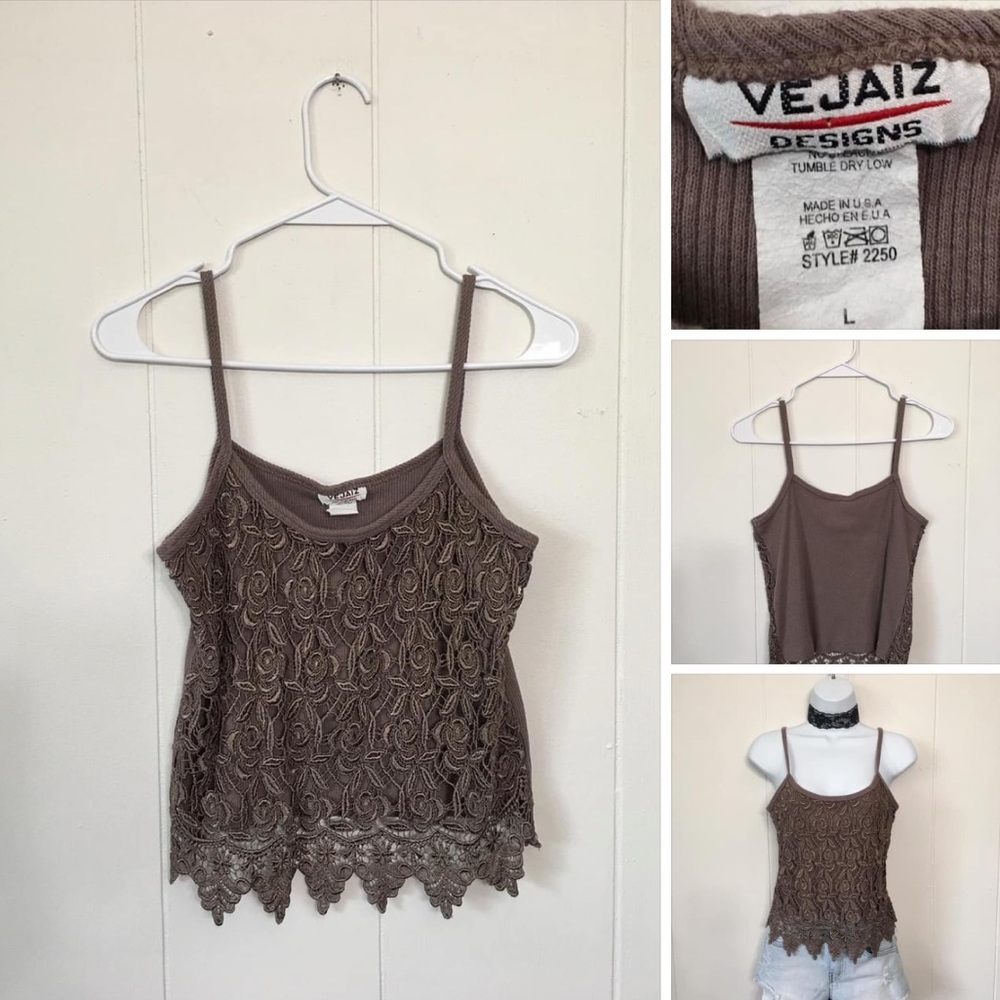 Vintage Taupe Brown Color Lace Crochet Style Front Cami Style Top